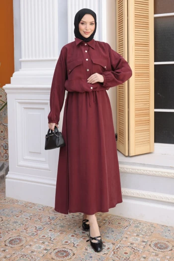 Bordo Yarasa Kol Asimetrik Cepli Ceket Etekli Takım