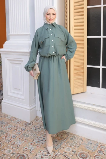 Çağla Yarasa Kol Asimetrik Cepli Ceket Etekli Takım