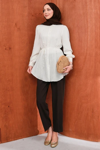 Ekru Bel Bağlamalı Düğmeli Tunik