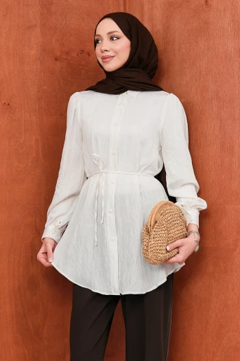 Ekru Bel Bağlamalı Düğmeli Tunik