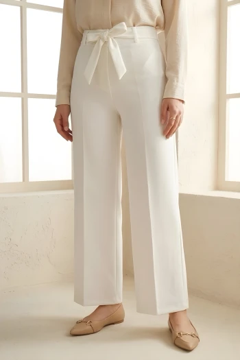 Ekru Bel Lastikli Cepli Bol Paça Pantolon