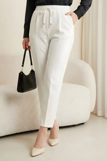 Ekru Bel Lastikli Cepli Dabıl Havuç Pantolon