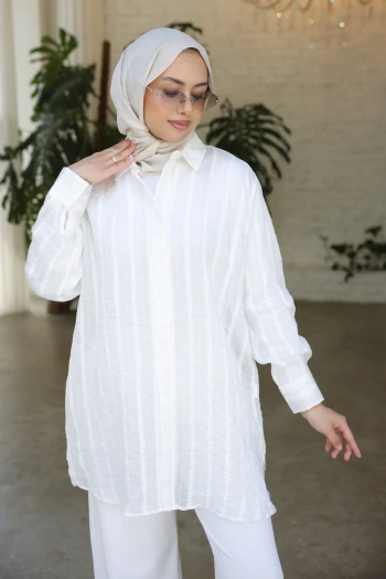 Ekru Çizgili Salaş Gömlek