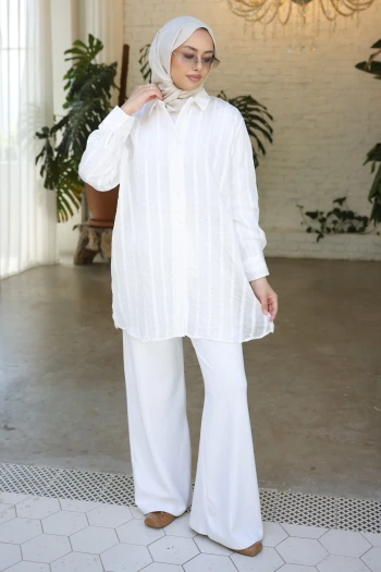 Ekru Çizgili Salaş Gömlek