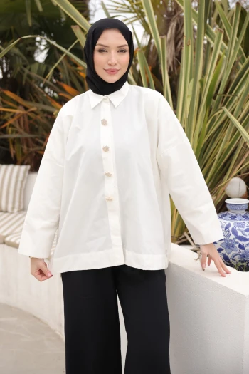 Ekru Düğmeli Geniş Kol Tunik