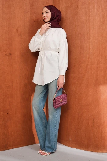 Ekru Düğmeli İp Bağlamalı Modal Gömlek