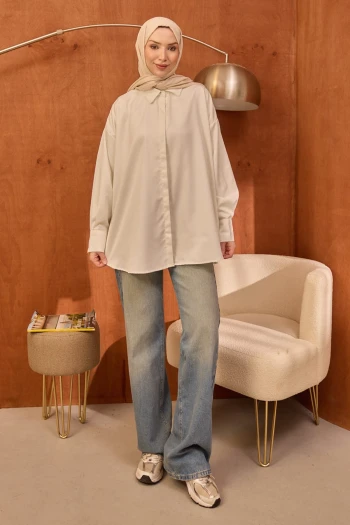 Ekru Gizli Düğmeli Oversize Tunik