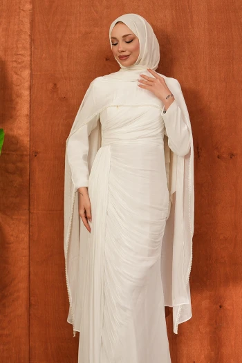 Ekru İnci Pelerinli Önü Büzgülü Abiye