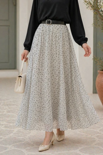 Ekru Kemerli Puantiyeli Şifon Etek