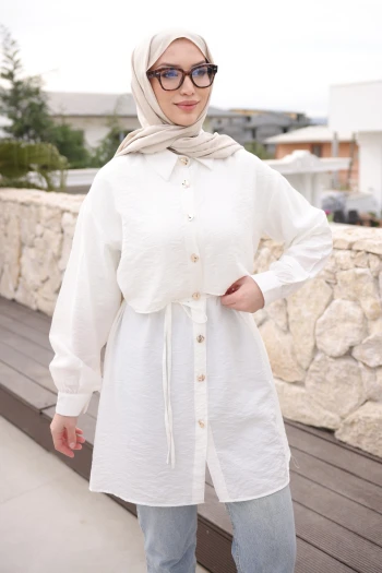 Ekru Önü Alerli Düğmeli Tunik