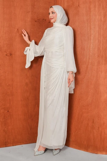 Ekru Önü Büzgülü Şifon abiye