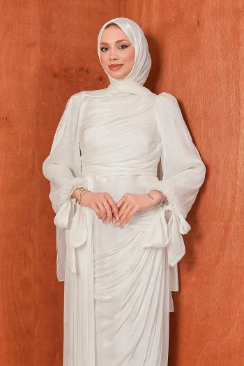 Ekru Önü Büzgülü Şifon abiye