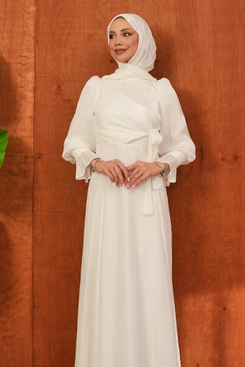 Ekru Yan Bağlamalı Kol Detaylı Abiye