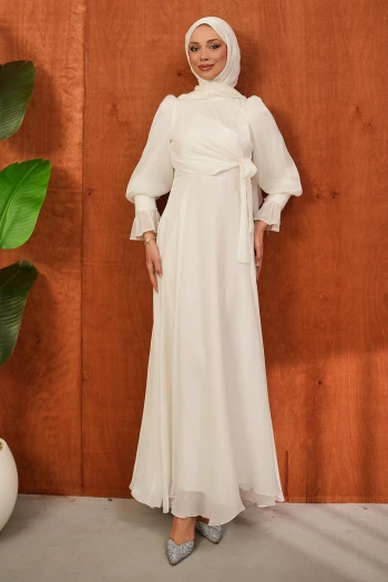 Ekru Yan Bağlamalı Kol Detaylı Abiye
