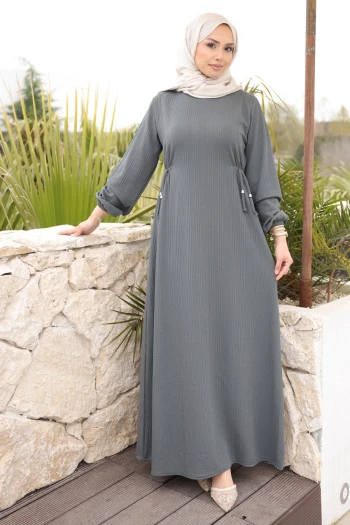Füme Bisiklet Yaka Bel Ve Kol Lastikli Bürümcük Elbise