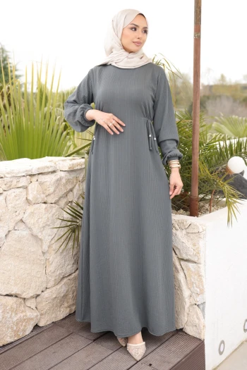 Füme Bisiklet Yaka Bel Ve Kol Lastikli Bürümcük Elbise