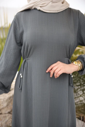 Füme Bisiklet Yaka Bel Ve Kol Lastikli Bürümcük Elbise