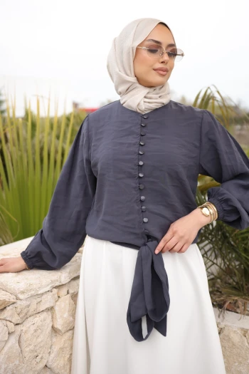 Füme Kol Lastikli Bel Bağlamalı Gömlek