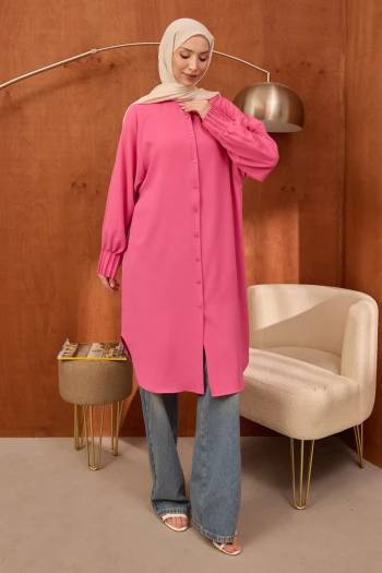 Fuşya Kolları Nervürlü Linda Tunik