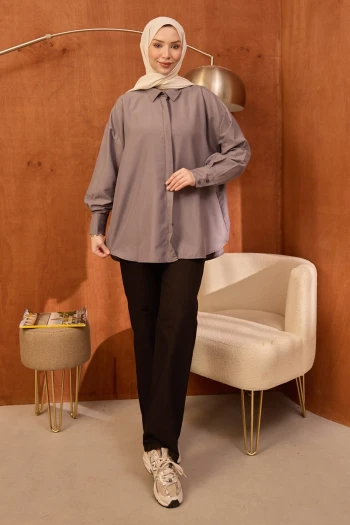 Gri Gizli Düğmeli Oversize Tunik