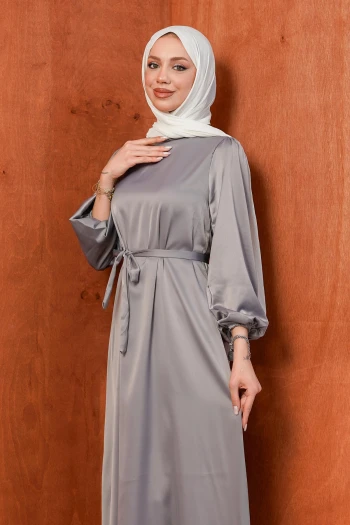 Gri Hakim Yaka Balon Kol Saten Abiye Elbise