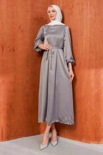 Gri Hakim Yaka Balon Kol Saten Abiye Elbise