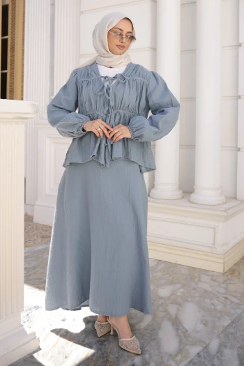 Gri Ön Bağlamalı Kol Lastikli Kimono Etekli Takım