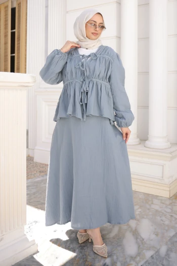 Gri Ön Bağlamalı Kol Lastikli Kimono Etekli Takım