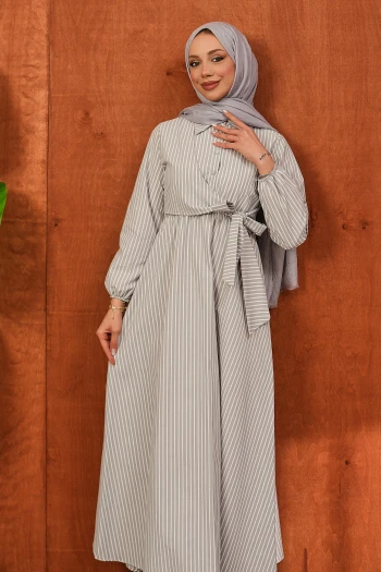 Gri Yaka Düğmeli Yan Bağlamalı Çizgili Elbise