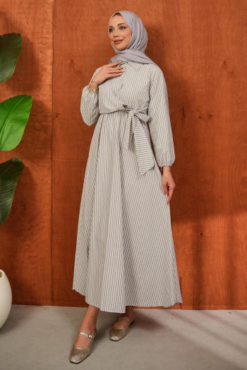 Gri Yaka Düğmeli Yan Bağlamalı Çizgili Elbise