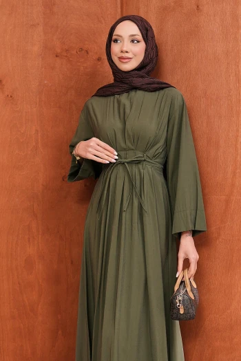 Haki Bel Bağlamalı Piliseli Elbise