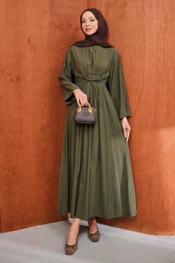 Haki Bel Bağlamalı Piliseli Elbise