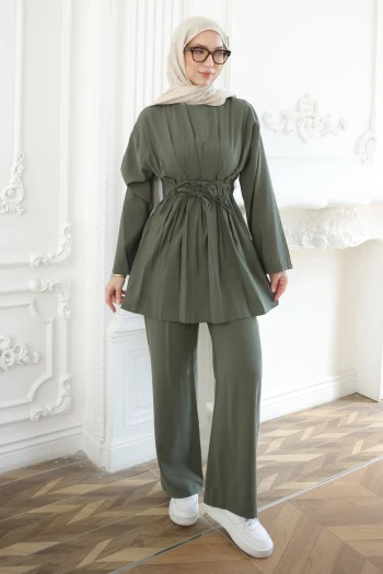 Haki Bel Bağlamalı Tunik Pantolonlu Modal Takım