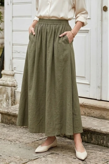 Haki Bel Lastikli Çift Cepli Parçalı Etek