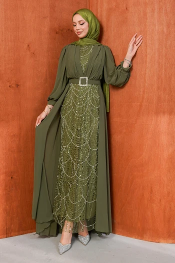 Haki Boncuklu Şifon Abiye