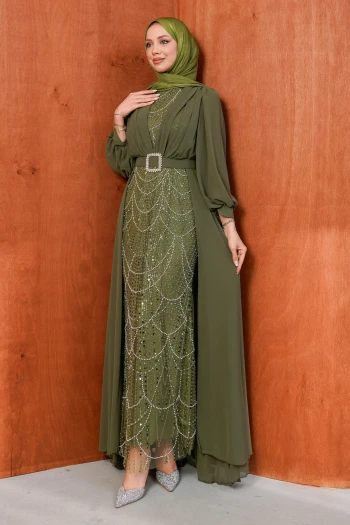 Haki Boncuklu Şifon Abiye