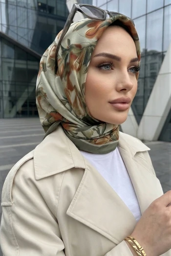 Haki Çiçek Desenli Soft Eşarp