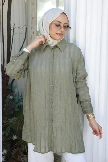 Haki Çizgili Salaş Gömlek