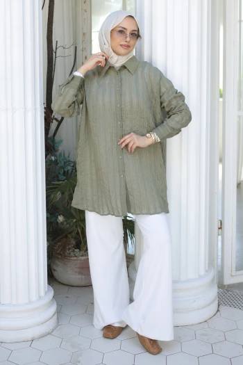 Haki Çizgili Salaş Gömlek
