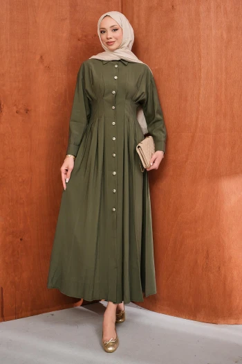 Haki Düğmeli Pileli Elbise