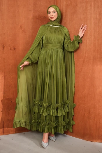 Haki Etek Ucu Fırfırlı Pelerinli Abiye