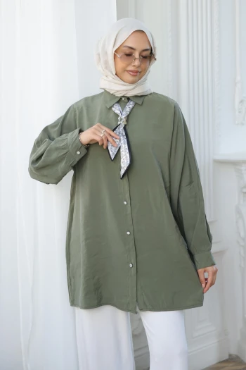 Haki Etnik Fularlı Modal Dokuma Gömlek