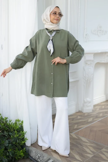 Haki Etnik Fularlı Modal Dokuma Gömlek