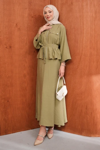 Haki Fermuarlı Kuşgözlü Kemerli Ceket Etekli Takım