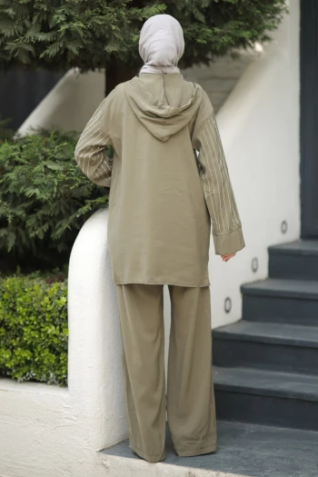 Haki Kapşonlu Tunik Pantolonlu Takım