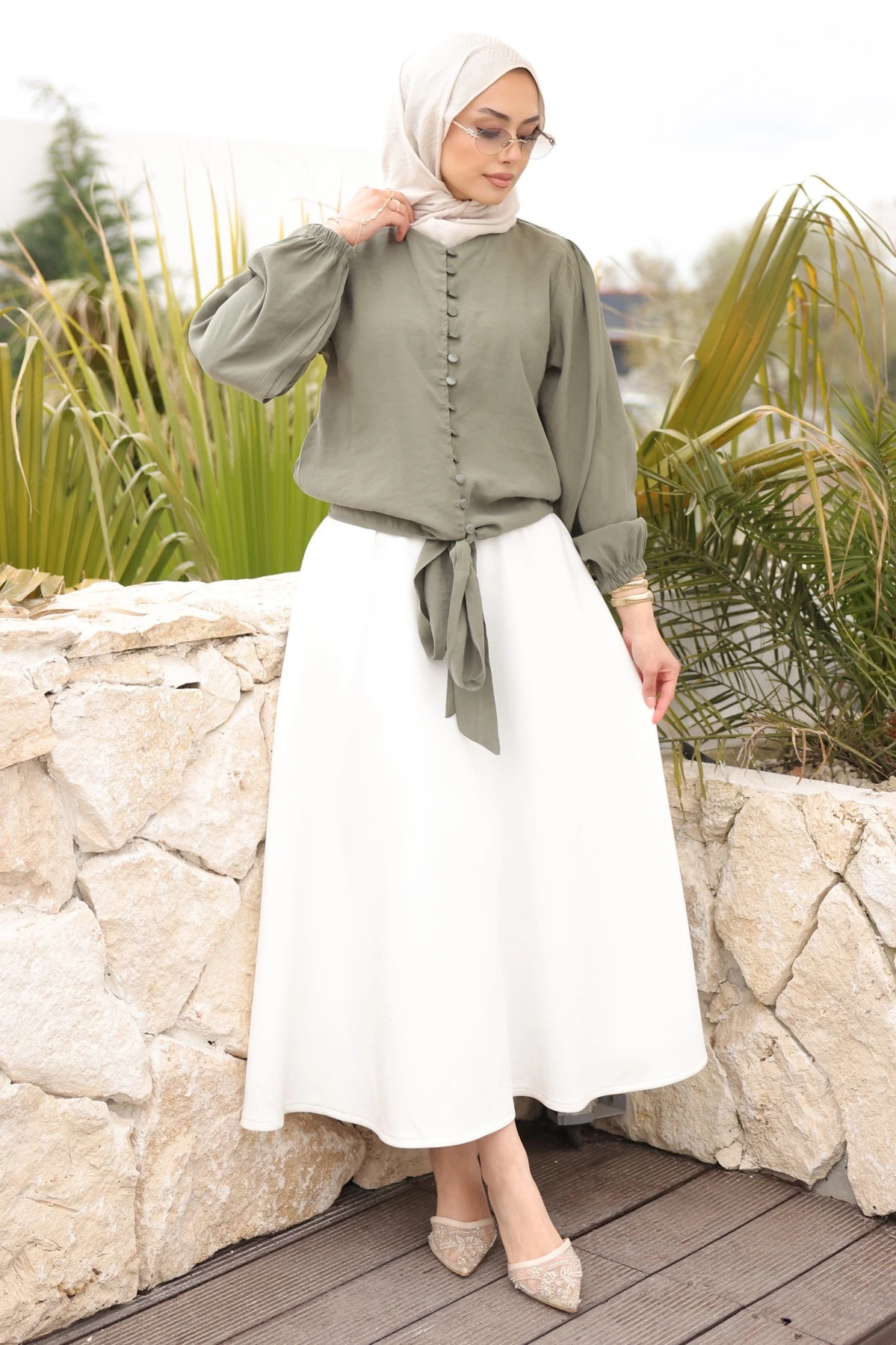 Haki Kol Lastikli Bel Bağlamalı Gömlek