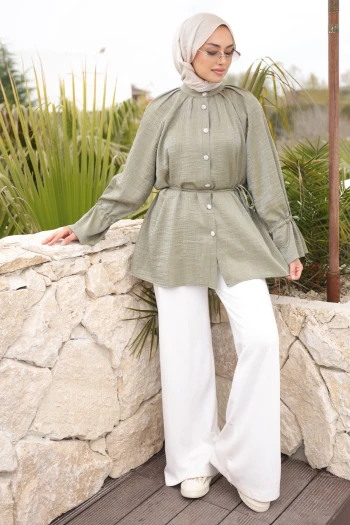 Haki Kol Ve Bel Bağlamalı Düğmeli Tunik