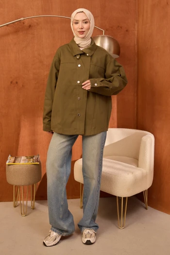 Haki Kravuze Yaka Düğmeli Oversize Kot Ceket