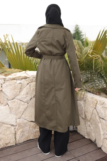 Haki Kruvaze Yaka Düğmeli Trençkot