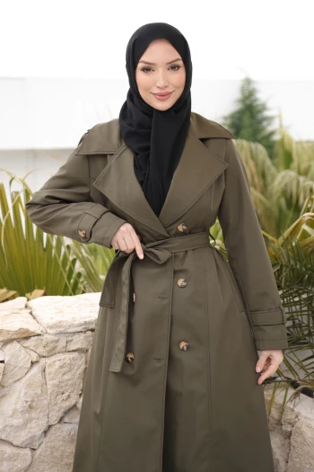 Haki Kruvaze Yaka Düğmeli Trençkot